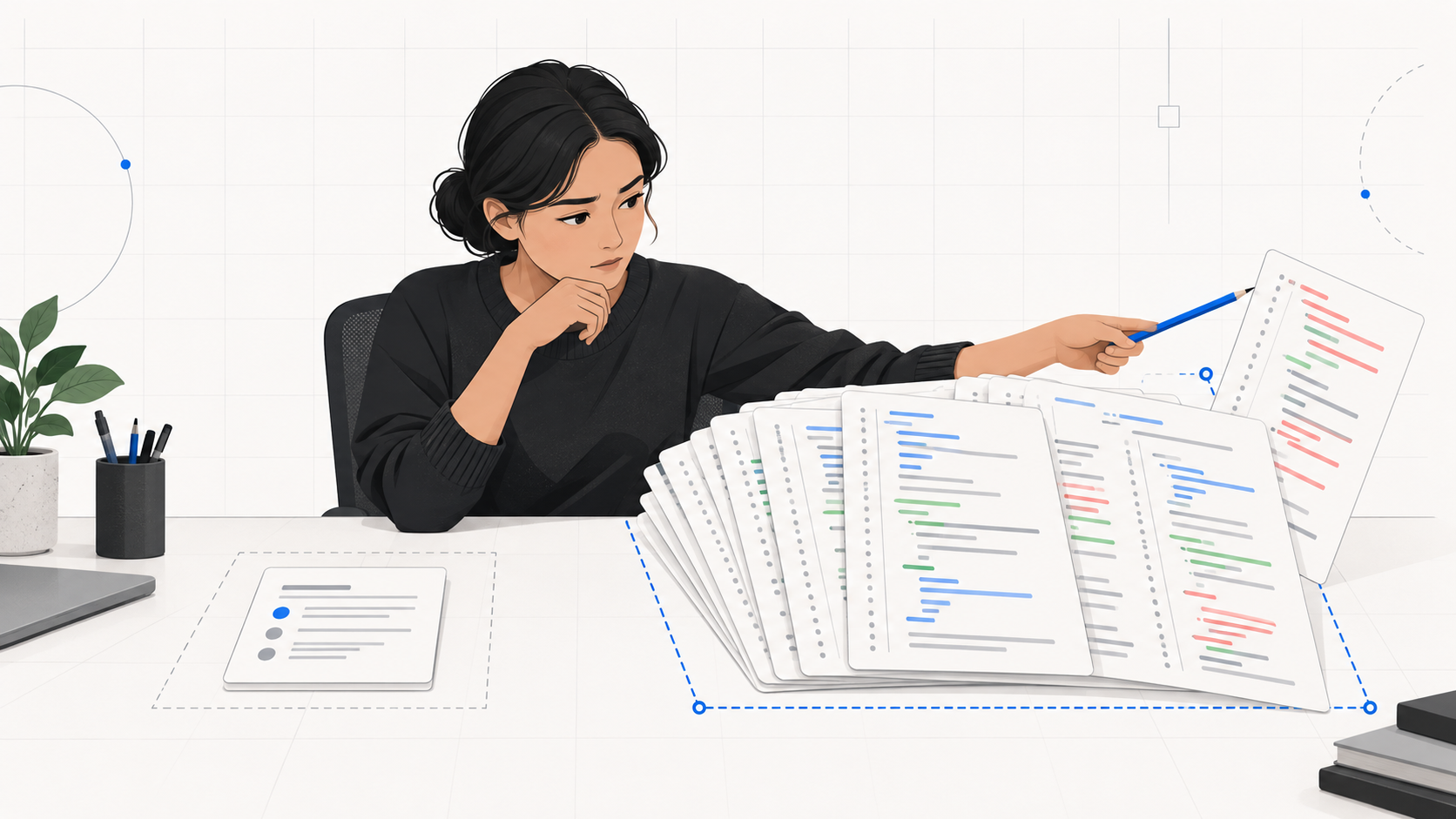 A reviewer compares a small request with a larger stack of code changes and points to a sheet outside the agreed boundary