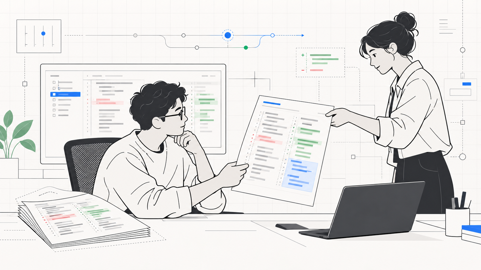 An engineer examines a revised code change handed over by a teammate while the earlier version sits aside