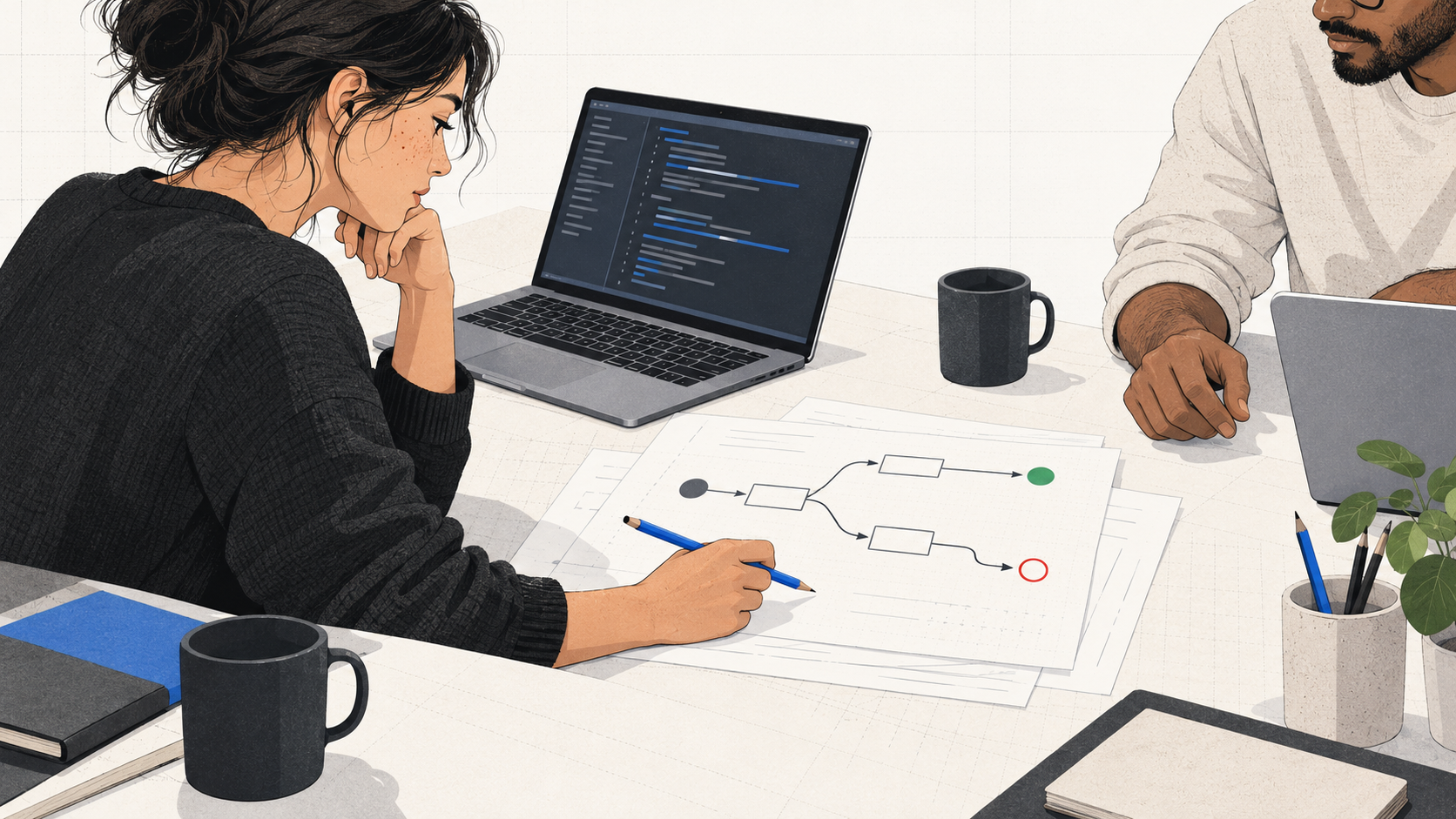 A reviewer traces a code path that ends in an untested gap while another engineer prepares to check it